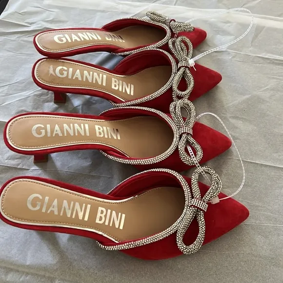 Gianni Bini KamillaTwo Suede Rhinestone Bow Kitten Heel Mules