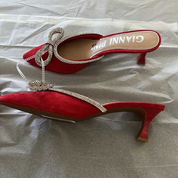 Gianni Bini KamillaTwo Suede Rhinestone Bow Kitten Heel Mules