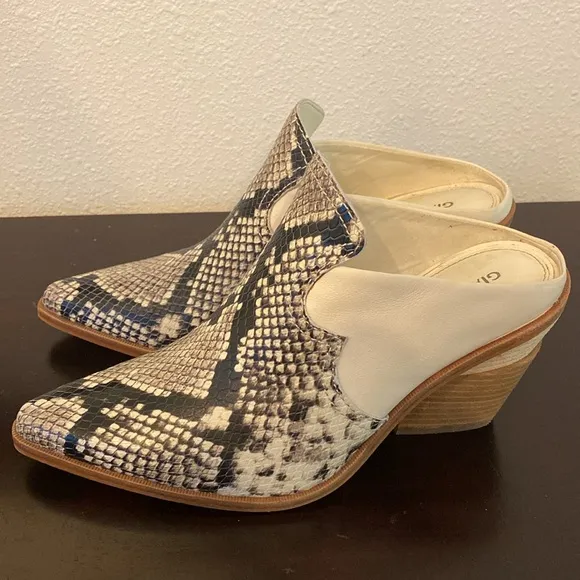 GIANNI BINI Leather Macnelle Snakeskin Pointed Mules Slip On Stacked Heel | 8.5