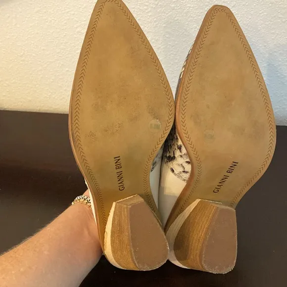 GIANNI BINI Leather Macnelle Snakeskin Pointed Mules Slip On Stacked Heel | 8.5