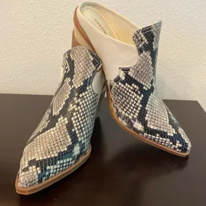 GIANNI BINI Leather Macnelle Snakeskin Pointed Mules Slip On Stacked Heel | 8.5