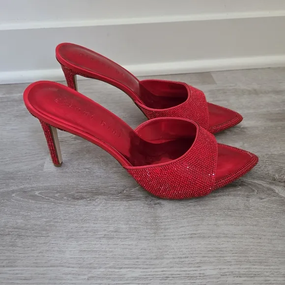 Gianni Bini Red Rhinestone Pointed Toe Stilletto Mules Heels