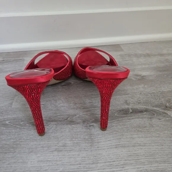 Gianni Bini Red Rhinestone Pointed Toe Stilletto Mules Heels
