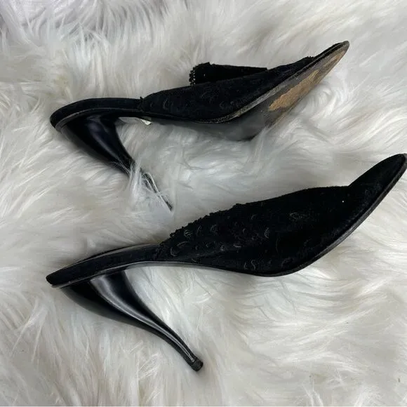 𝅺GIANNI Barbato Suede Lace Heeled Mules Black 37.5