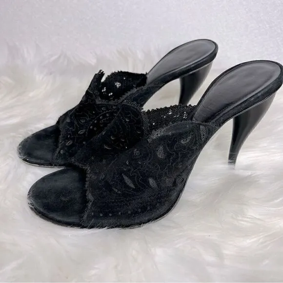 𝅺GIANNI Barbato Suede Lace Heeled Mules Black 37.5