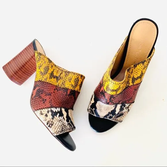 GIBSON LATIMER White Snakeskin Colorblock Stripe Wedge Stacked Heeled Mules 11