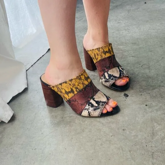 GIBSON LATIMER White Snakeskin Colorblock Stripe Wedge Stacked Heeled Mules 11