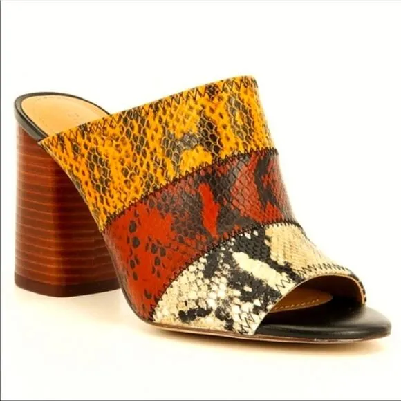 GIBSON LATIMER White Snakeskin Colorblock Stripe Wedge Stacked Heeled Mules 11