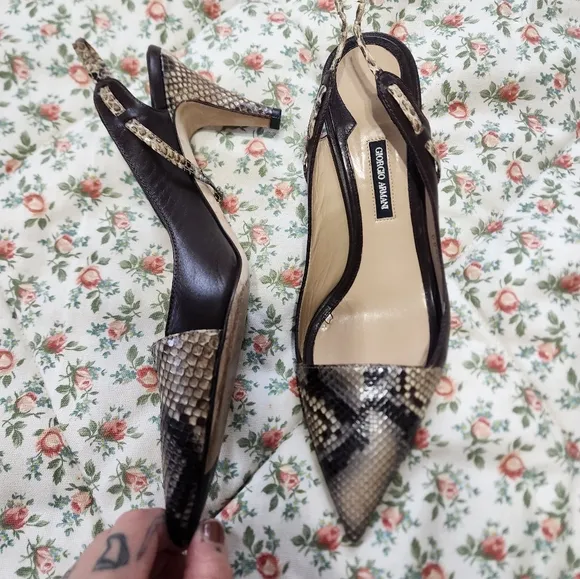 Giorgio Armani Snakeskin Pointed Toe Slingback Kitten Heels