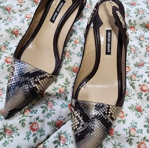 Giorgio Armani Snakeskin Pointed Toe Slingback Kitten Heels