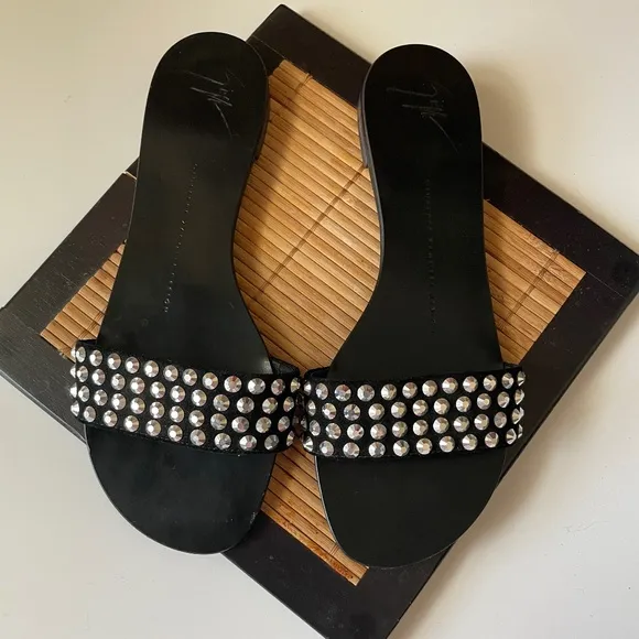 Giuseppe Zanotti Black Suede Leather Crystal Embellished Flat Slides Size 7
