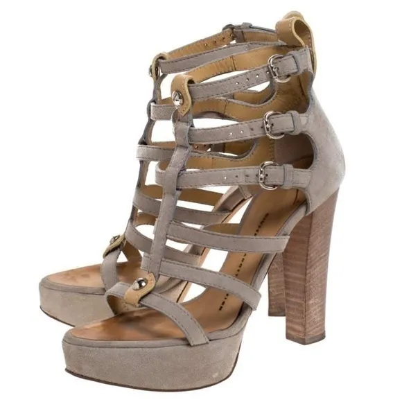 Giuseppe Zanotti Grey Suede And TanLeather Strappy Platform Sandals Size 9