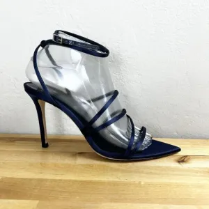 Giuseppe Zanotti Intrigo 90 Heels Satin Navy Blue Strappy Pointed Toe 38.5