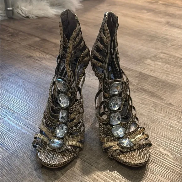 Gold Strappy Heels with Rhinestones