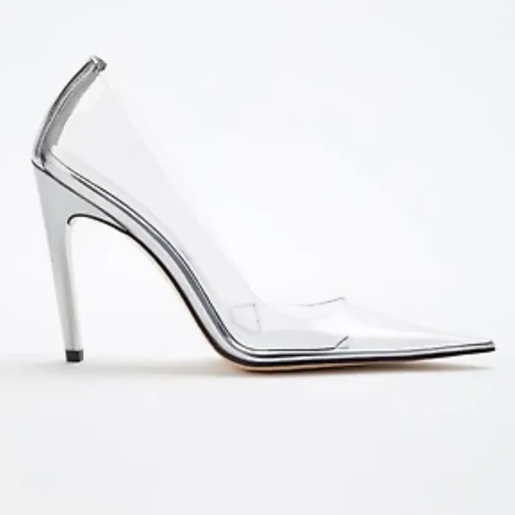 Good American Clear Pointed Toe Cinder Rella Stiletto Heels Size 9