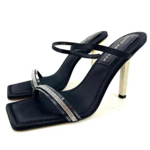 Good American Heels Black Satin Square Toe Slide Embellished