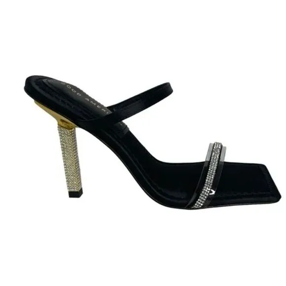 Good American Satin Open Square Toe Rhinestone Strappy Heels 14 NIB