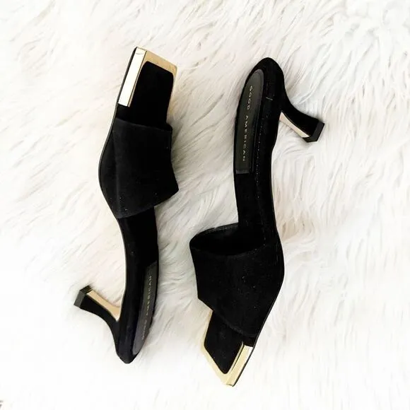 GOOD AMERICAN | Standout Square Toe Kitten Heel Mule Suede Black | Size 9