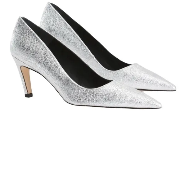 Good American The Icon Pointed Toe pump Heels. Silver crackle leather size 7.