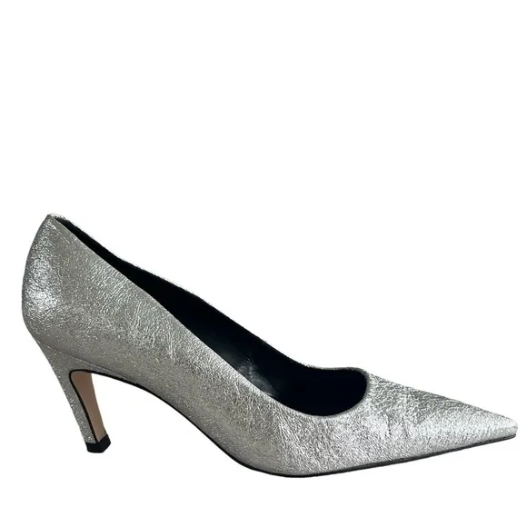 Good American The Icon Pointed Toe pump Heels. Silver crackle leather size 7.