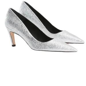 Good American The Icon Pointed Toe pump Heels. Silver crackle leather size 7.