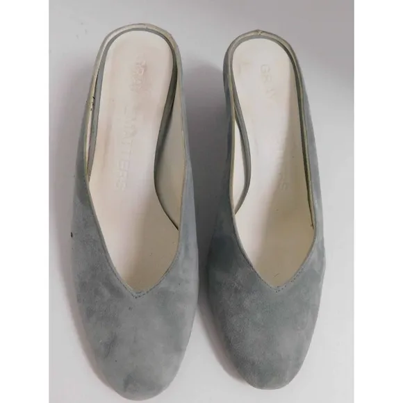 GRAY MATTERS Egg Mule Gray Suede Leather Purple Heel Slide Mules Italy 35.5