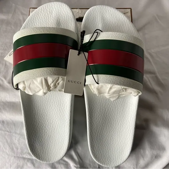 Gucci Authentic Great White Sandal Slide Red/Green New inbox Sz 11G 2 Satin Bags