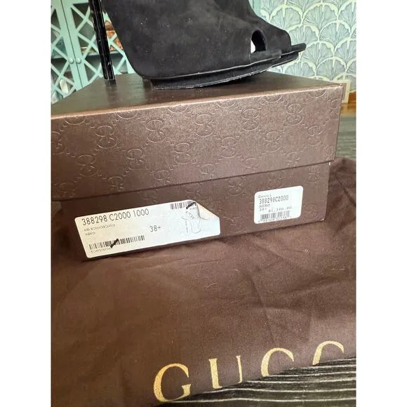 GUCCI Black Suede Slingback Rhinestone Heeled Mules Sz. 38.5