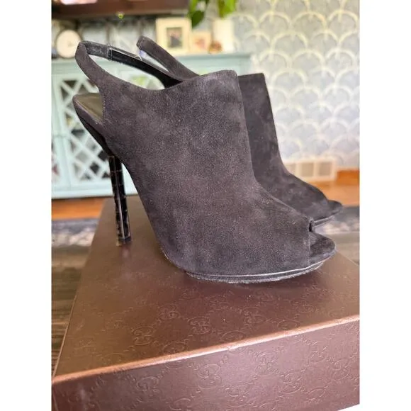 GUCCI Black Suede Slingback Rhinestone Heeled Mules Sz. 38.5