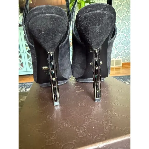 GUCCI Black Suede Slingback Rhinestone Heeled Mules Sz. 38.5