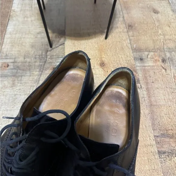 GUCCI 'Brogue' Men’s Sz 8 Black Leather Plain Toe Oxfords Italian Shoes