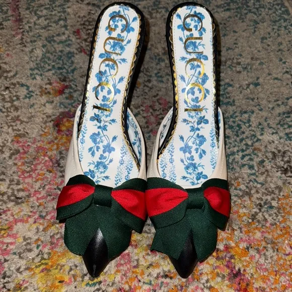 Gucci Cream and Red Mules with Bow Accent