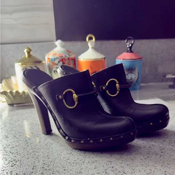 Gucci Horsebit Elegant Black Leather Heeled Mules Size 7 W