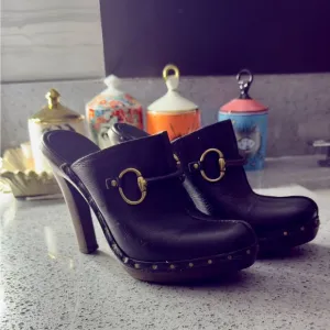 Gucci Horsebit Elegant Black Leather Heeled Mules Size 7 W