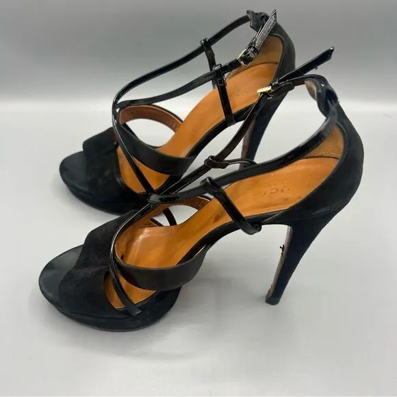 Gucci Suede Leather Trim T-Strap Stiletto Strappy Platform Sandal Black