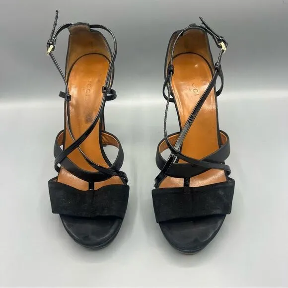 Gucci Suede Leather Trim T-Strap Stiletto Strappy Platform Sandal Black