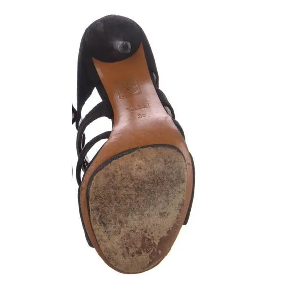 GUCCI Youma Platform Black Fringe Suede Stiletto Mules Slip-On Heels EU 36