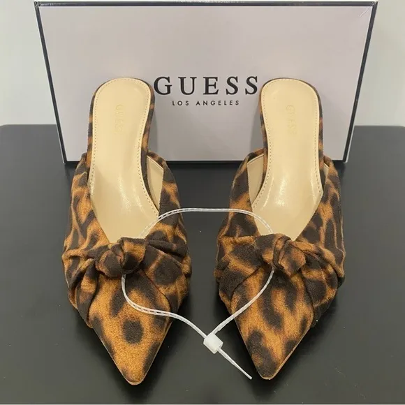 Guess Akela 2 Knot Front Pointed Toe Mules Leopard Brown Size 6