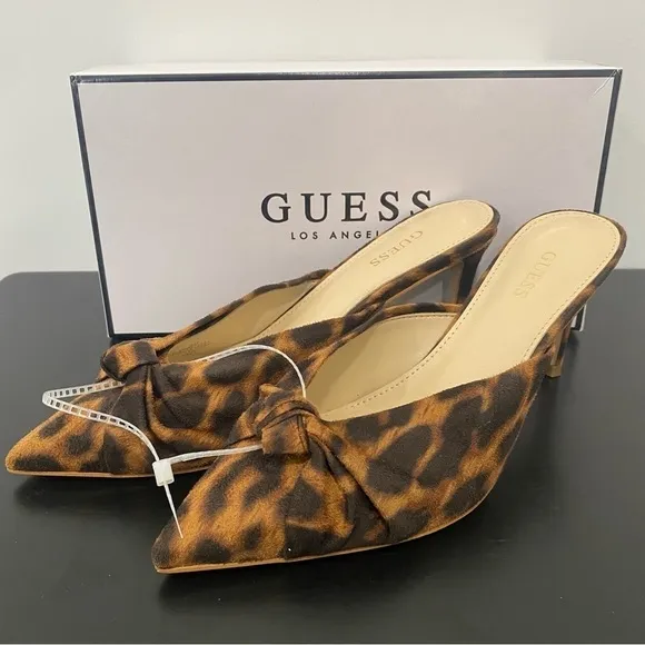 Guess Akela 2 Knot Front Pointed Toe Mules Leopard Brown Size 6