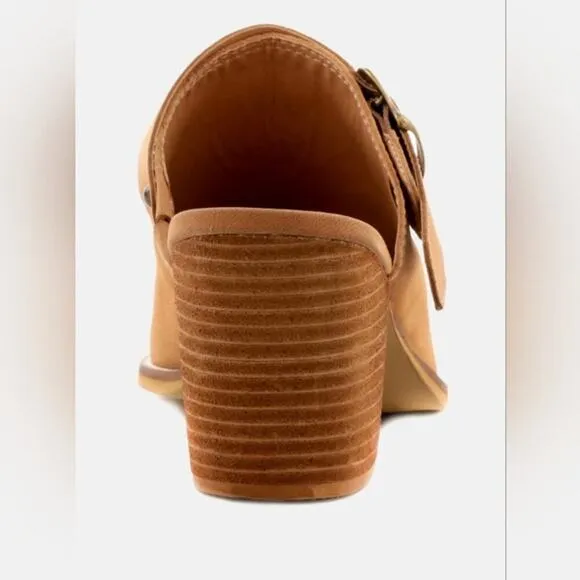 [H142] RAG &amp; CO [TARRAH] Tan Stacked Heel Mules With Adjustable Buckle, Size 10