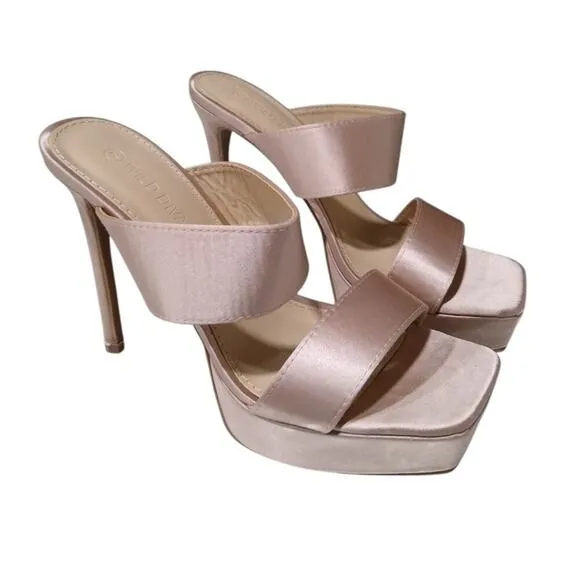 [H276] WILD DIVA Nude Satin Platform Square Toe, Size 7