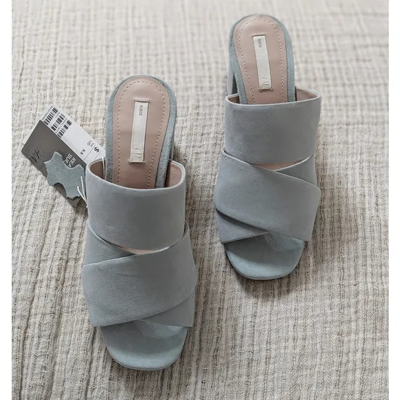 H&amp;M Premium Collection Suede Leather Open Toe Mid Heel Mules Women's Size 5.5