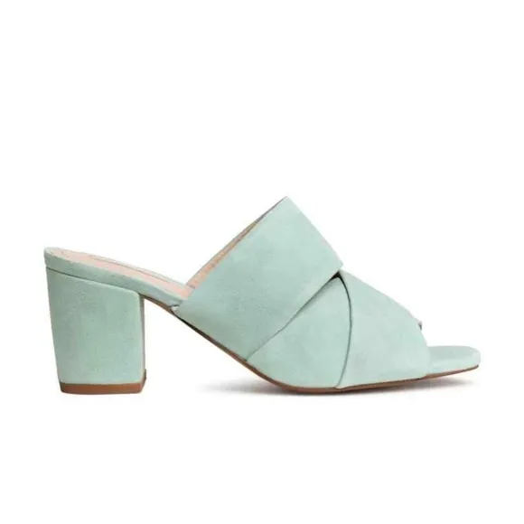 H&amp;M Premium Collection Suede Leather Open Toe Mid Heel Mules Women's Size 5.5