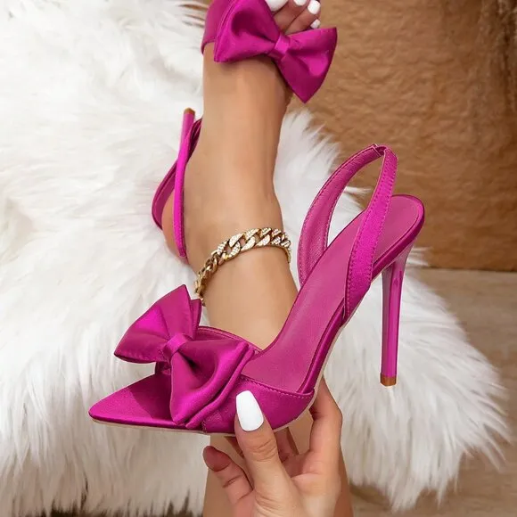 Hot Pink Women's Fuchsia Satin One Strap Pointed Toe High Heels