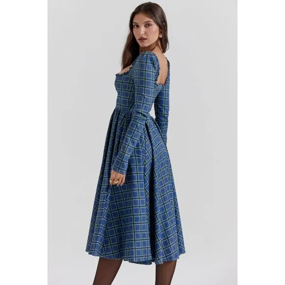 House of CB DELIA BLUE TARTAN MIDI DRESS NWOT