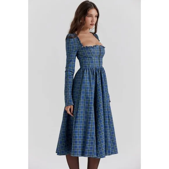 House of CB DELIA BLUE TARTAN MIDI DRESS NWOT