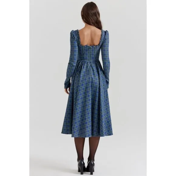 House of CB DELIA BLUE TARTAN MIDI DRESS NWOT