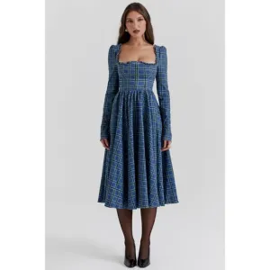 House of CB DELIA BLUE TARTAN MIDI DRESS NWOT