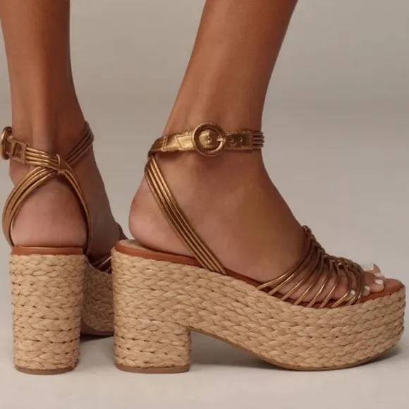 💫HP‼️💫 NIB ANTHROPOLOGIE Maeve Raffia Platform Heels in Bronze, Size 38 (US 7.5)