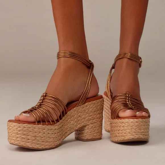 💫HP‼️💫 NIB ANTHROPOLOGIE Maeve Raffia Platform Heels in Bronze, Size 38 (US 7.5)